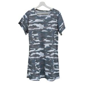 Camo Shift Mini Dress Short Sleeve Green Gray Raw Hem Casual Cover Up Medium